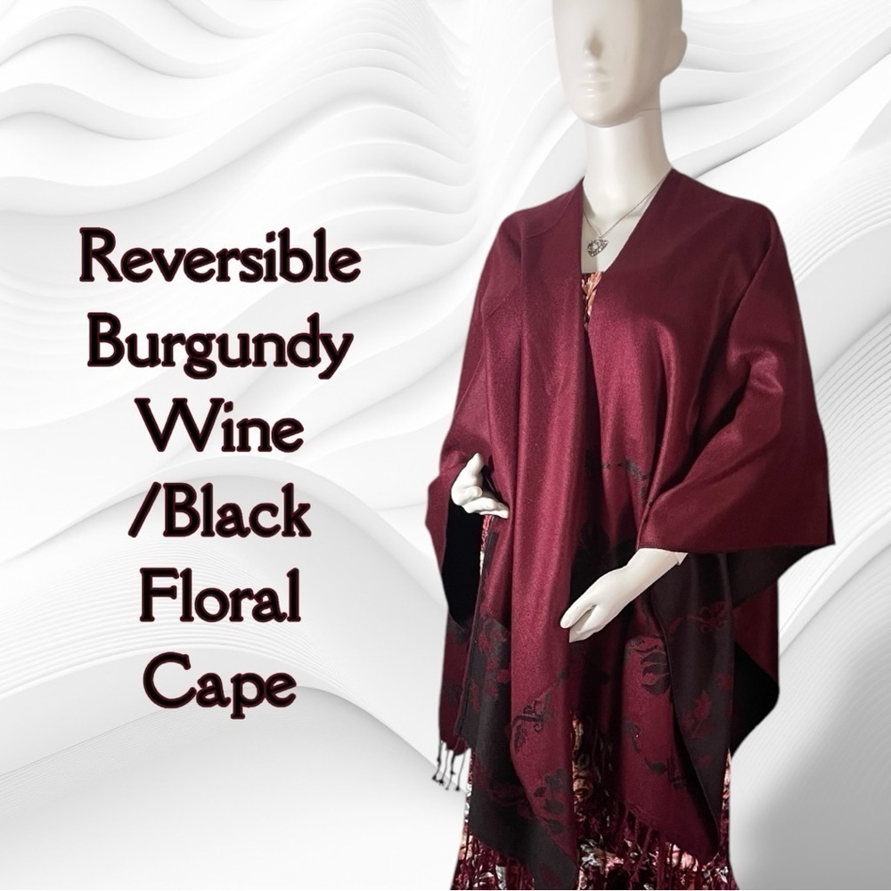 EUC! Reversible Burgundy Wine and plum Black Floral Accent Cape with Fringe - Picture 8 of 15